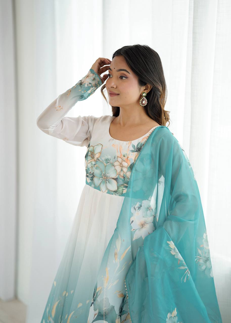 Aqua Blue Premium Organza Silk Anarkali Set with Dupatta & Pant