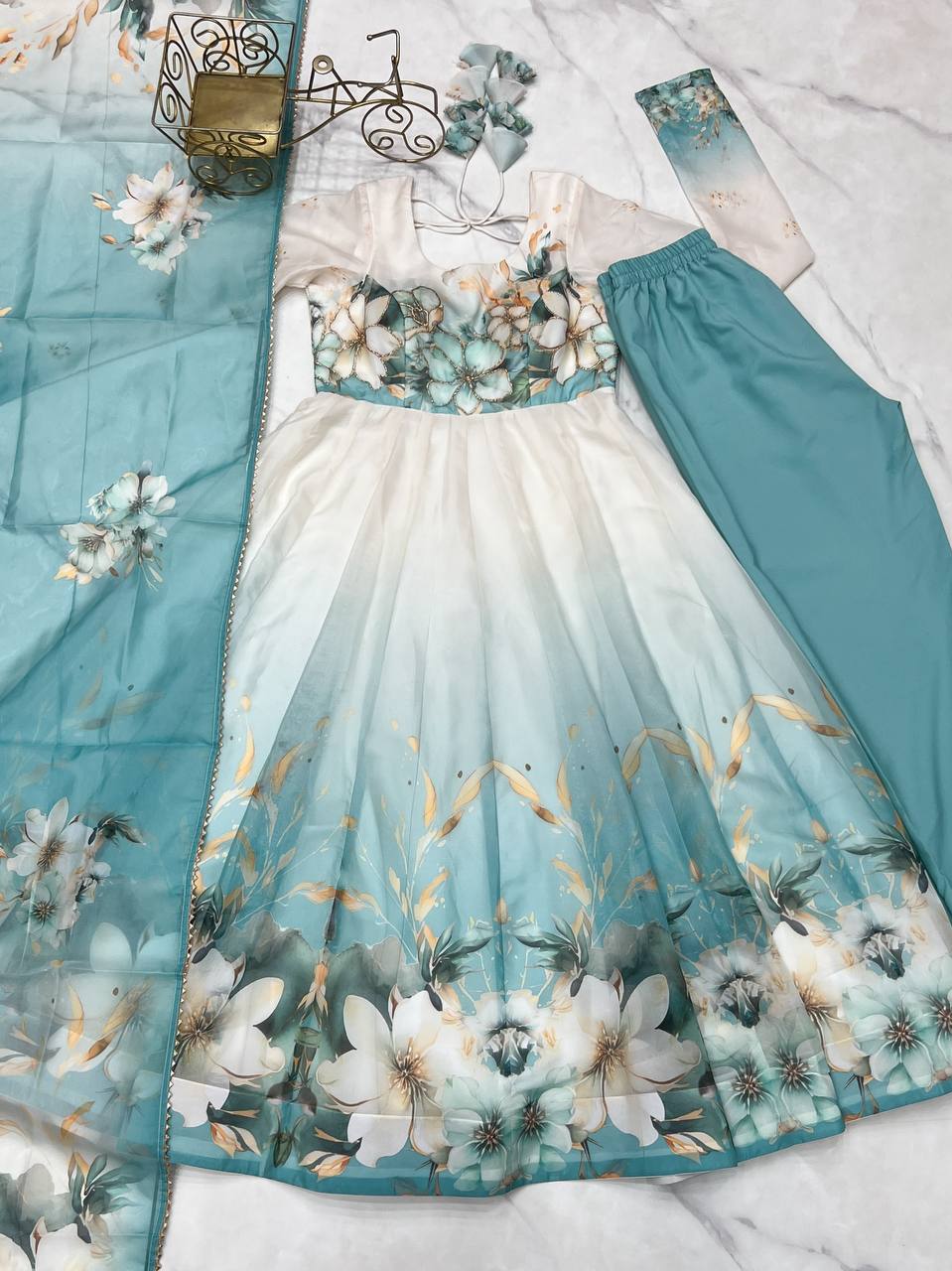 Aqua Blue Premium Organza Silk Anarkali Set with Dupatta & Pant