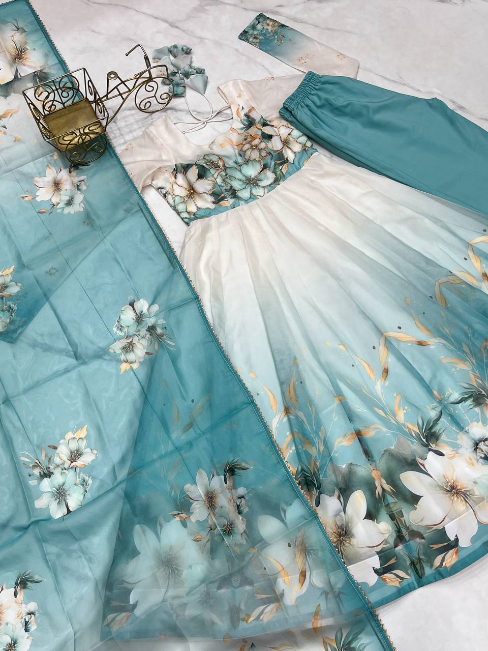 Aqua Blue Premium Organza Silk Anarkali Set with Dupatta & Pant