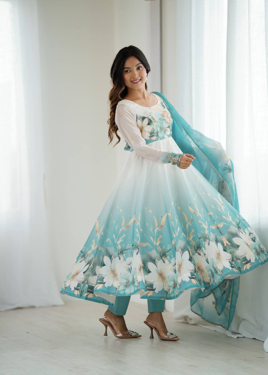 Aqua Blue Premium Organza Silk Anarkali Set with Dupatta & Pant