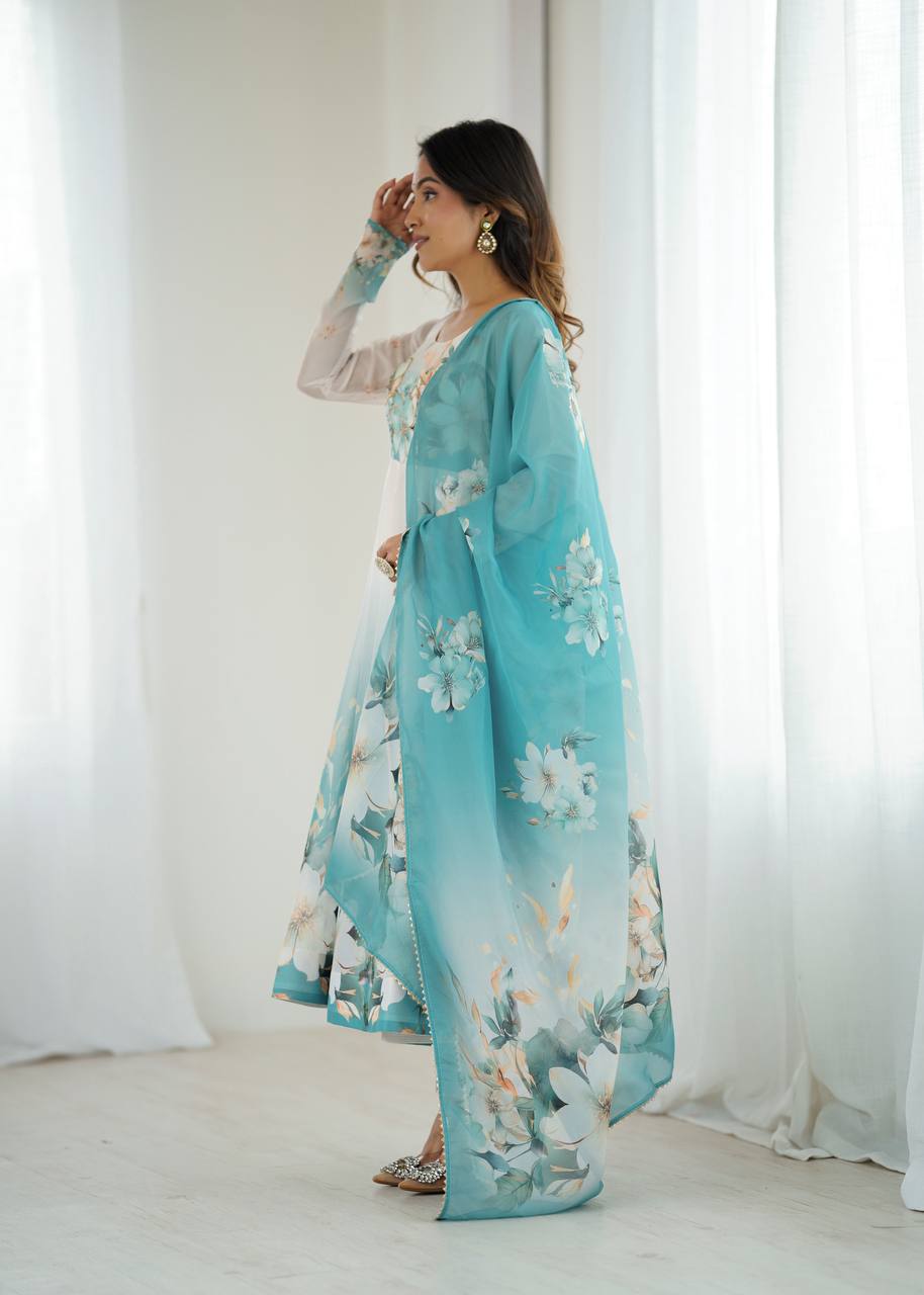 Aqua Blue Premium Organza Silk Anarkali Set with Dupatta & Pant