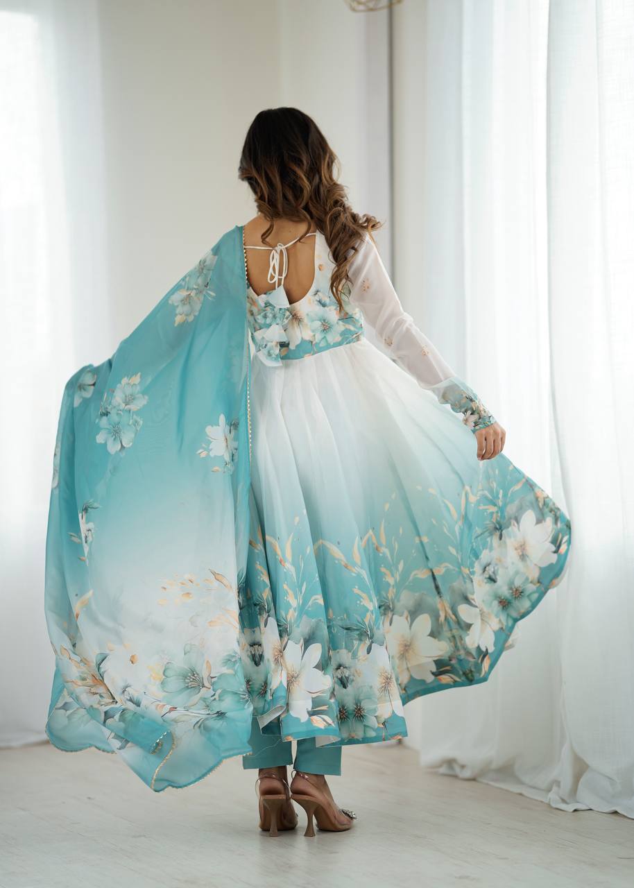 Aqua Blue Premium Organza Silk Anarkali Set with Dupatta & Pant