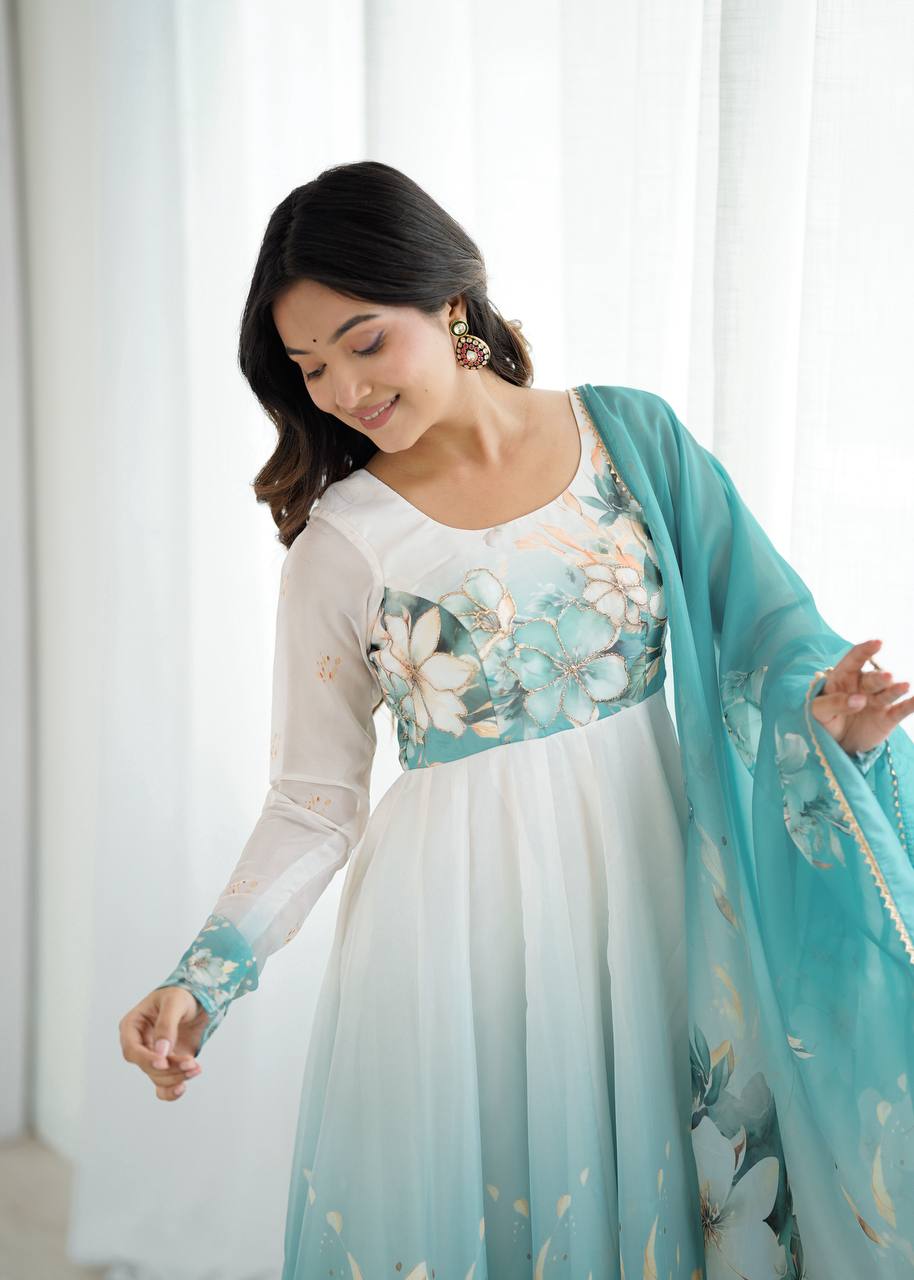 Aqua Blue Premium Organza Silk Anarkali Set with Dupatta & Pant