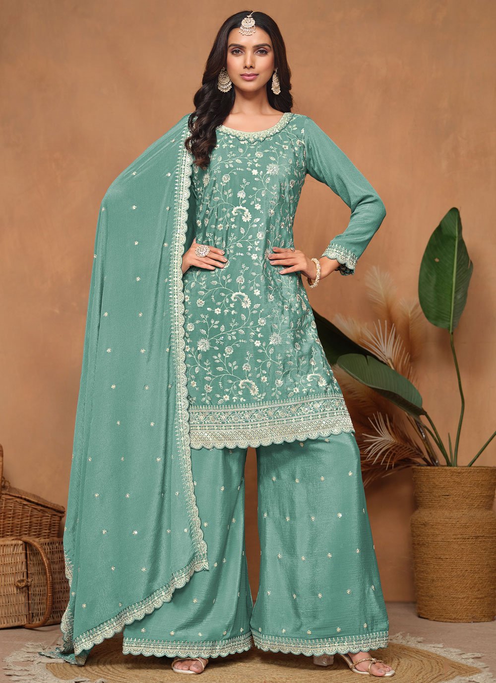 Aqua blue sequins embroidered ethnic palazzo suit in chinon