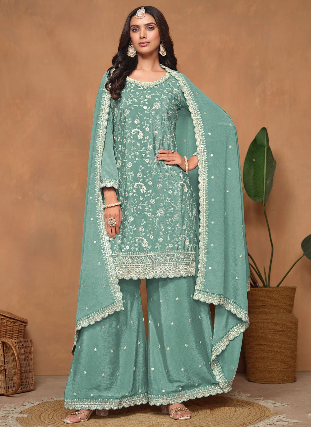 Aqua blue sequins embroidered ethnic palazzo suit in chinon