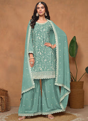 Aqua Blue Sequins Embroidered Ethnic Palazzo Suit In Chinon