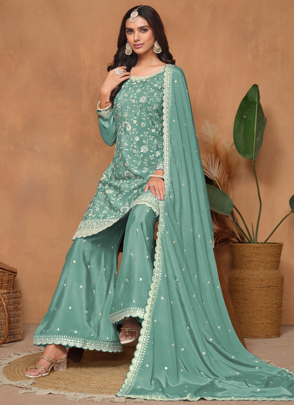 Aqua blue sequins embroidered ethnic palazzo suit in chinon