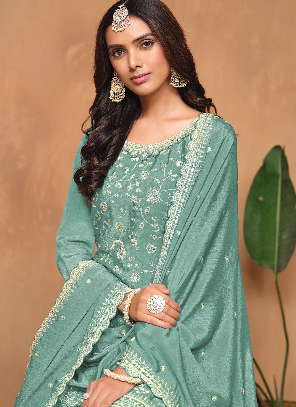 Aqua blue sequins embroidered ethnic palazzo suit in chinon
