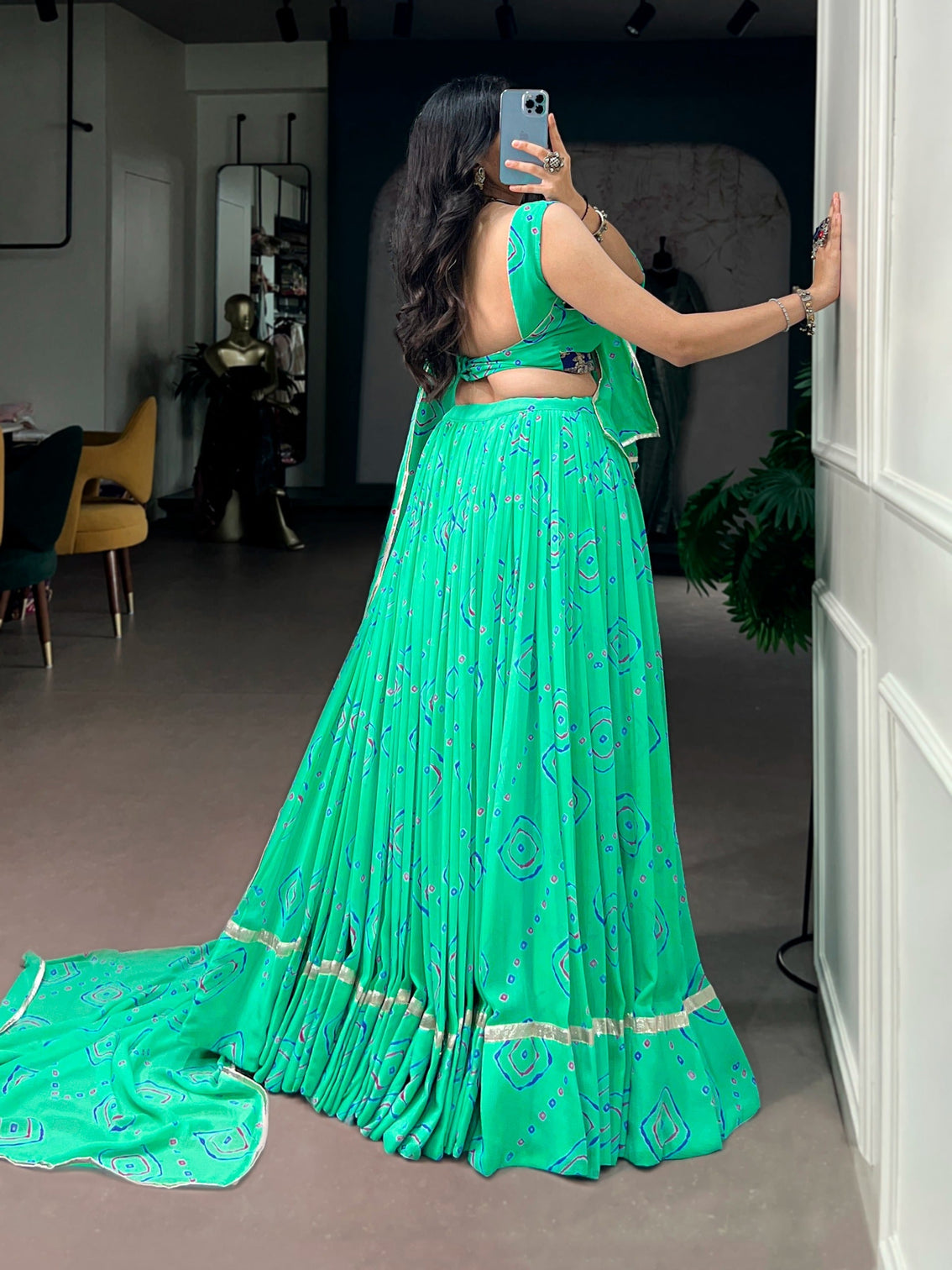 Aqua Green Bandhej Print Lehenga Choli