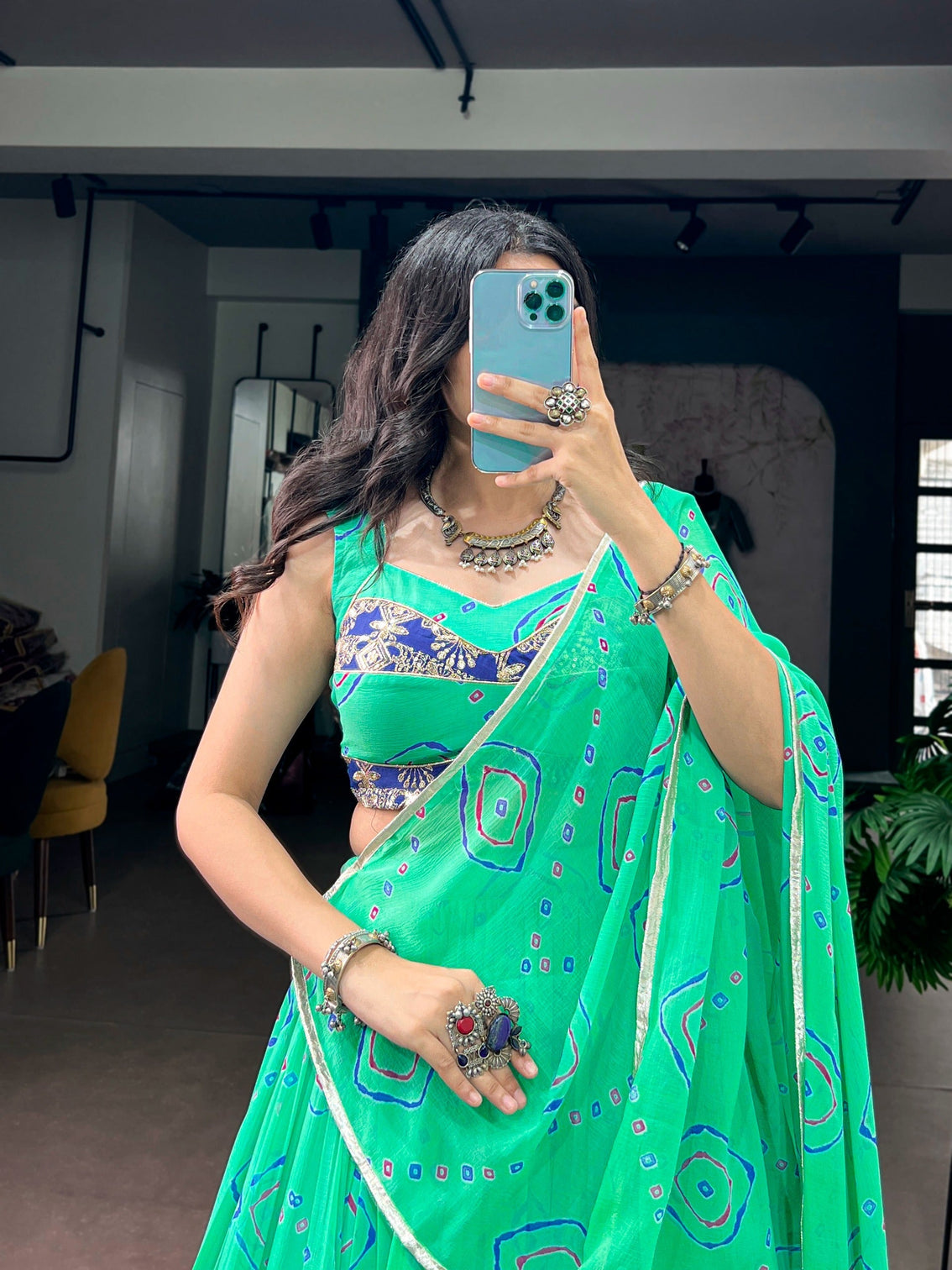 Aqua Green Bandhej Print Lehenga Choli