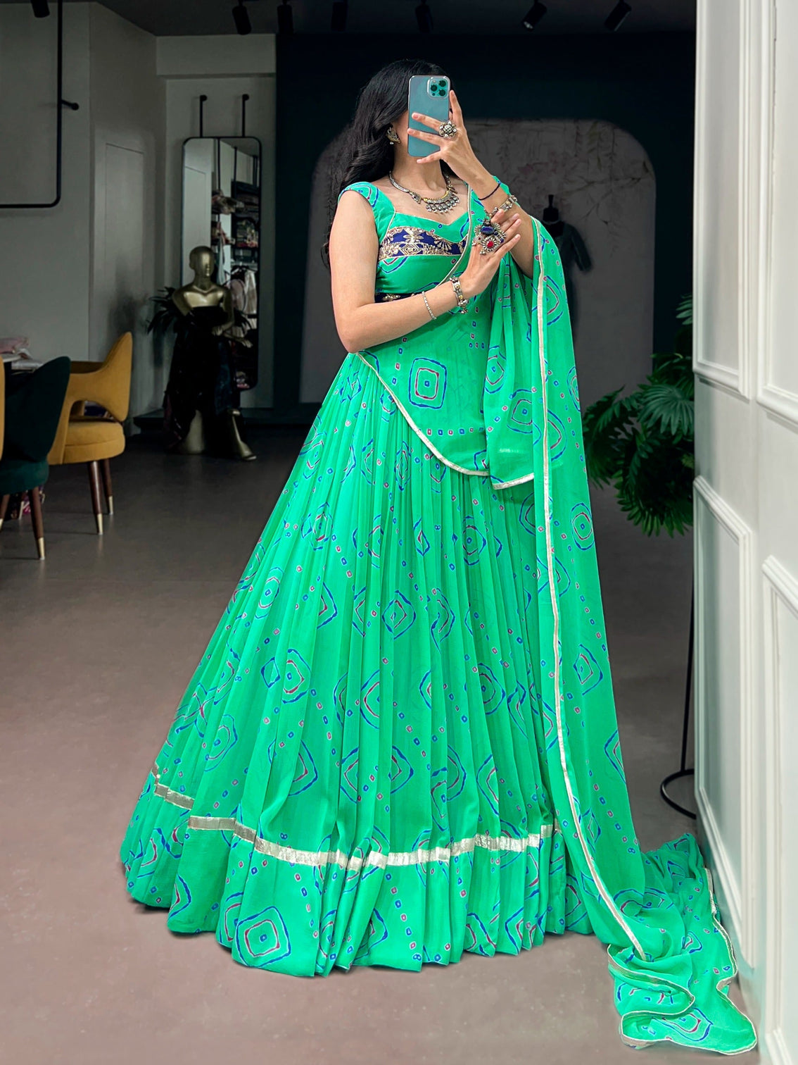 Aqua Green Bandhej Print Lehenga Choli