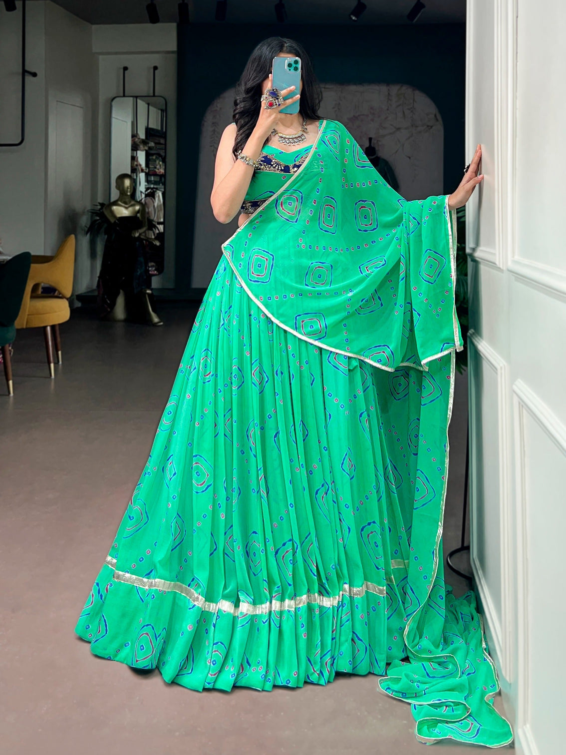 Aqua Green Bandhej Print Lehenga Choli