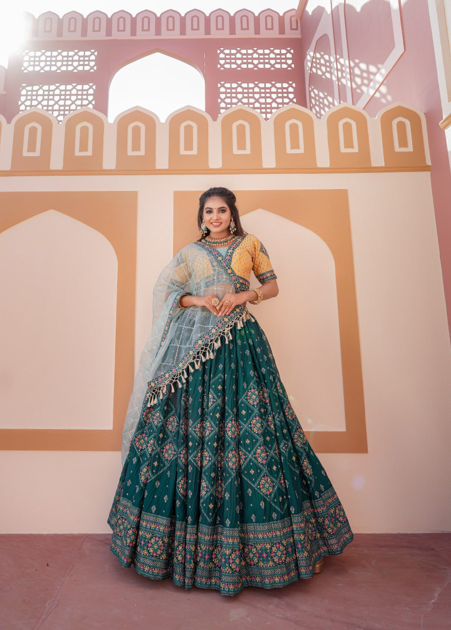 Aqua Green Full Stitched Lehenga Choli Set with Heavy Foil Print and Embroidery Work