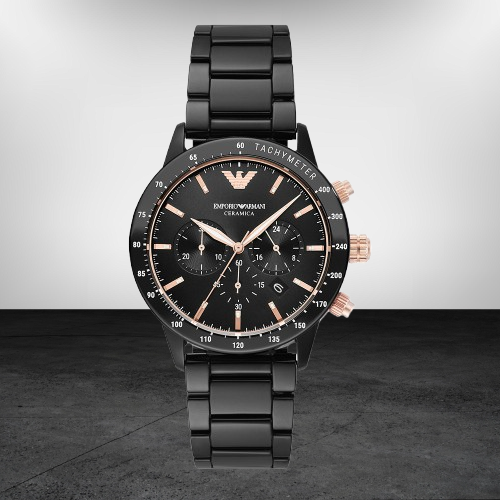 Branded Emporio Armani Mario Round Quartz Black Dial Men Watch - AR70002 | Mameraa Watch Store