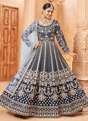 Art Silk Blue Embroidered Anarkali