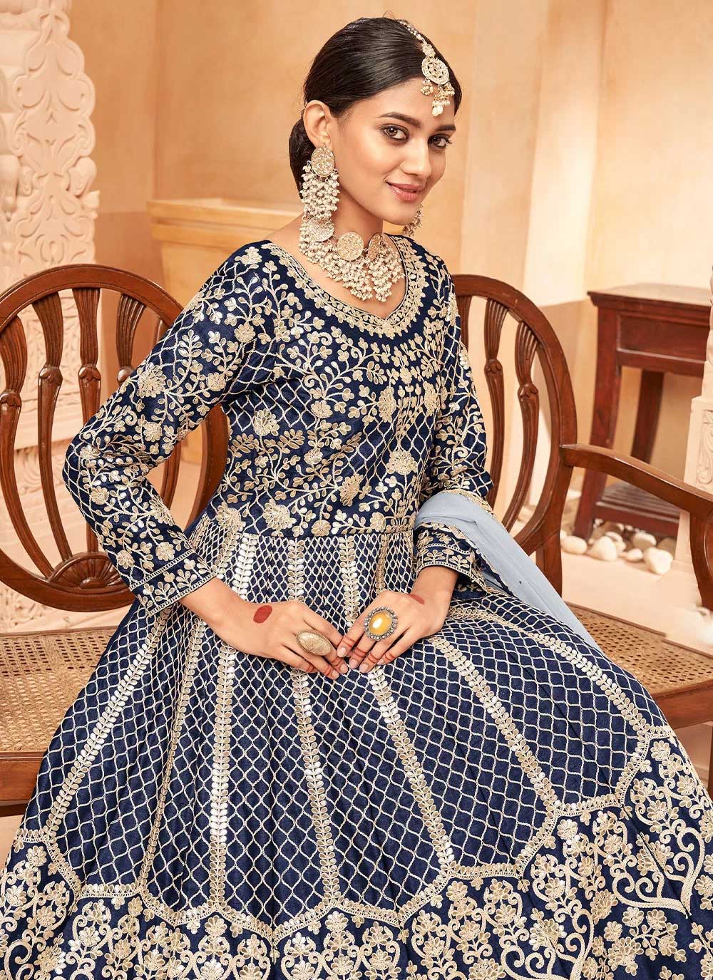 Art Silk Blue Embroidered Anarkali