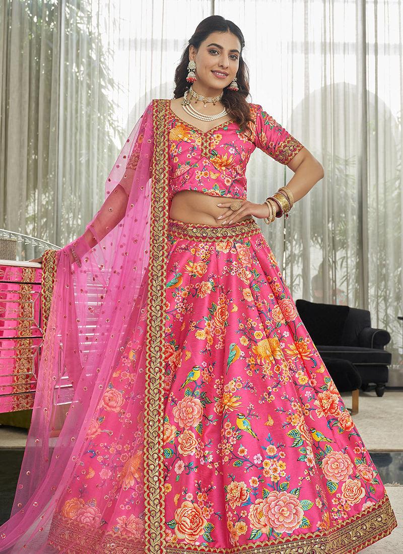 Art Silk Fabric Embroidered Dark Pink Floral Lehenga