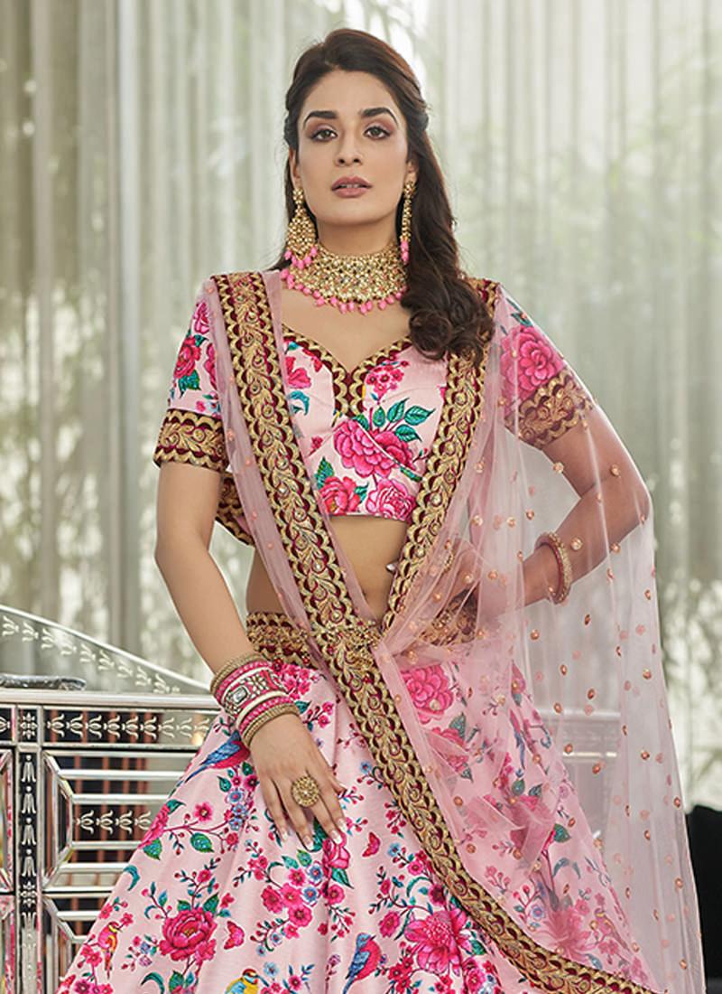 Art Silk Fabric Embroidered Light Pink Floral Lehenga