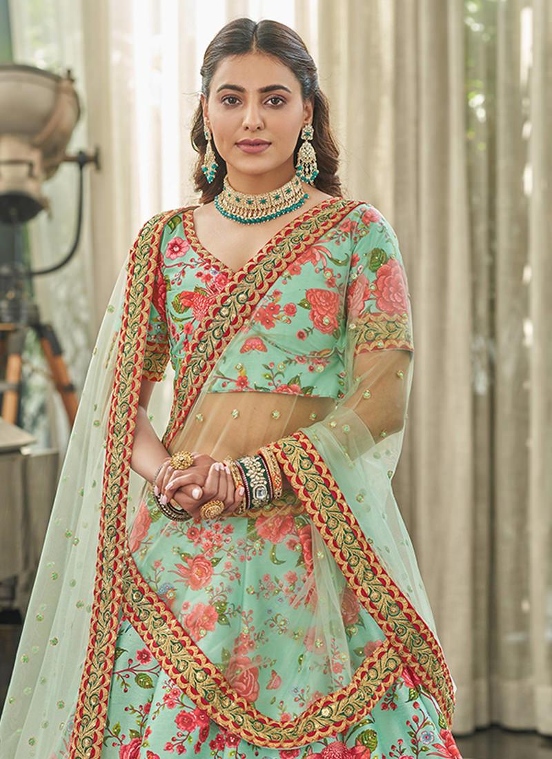 Art Silk Fabric Embroidered Mint Green Floral Lehenga