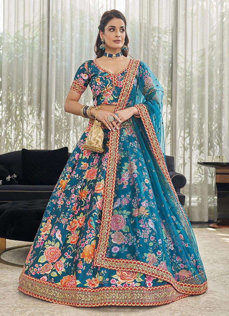 Art Silk Fabric Embroidered Teal Blue Floral Lehenga