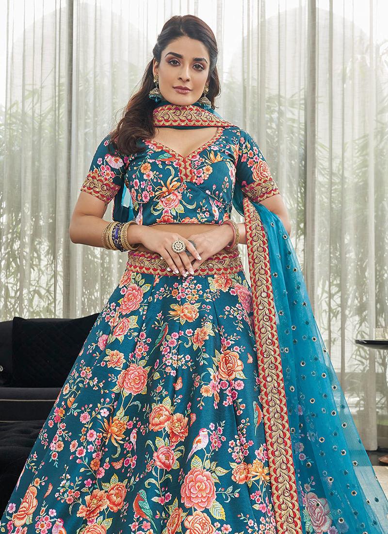 Art Silk Fabric Embroidered Teal Blue Floral Lehenga