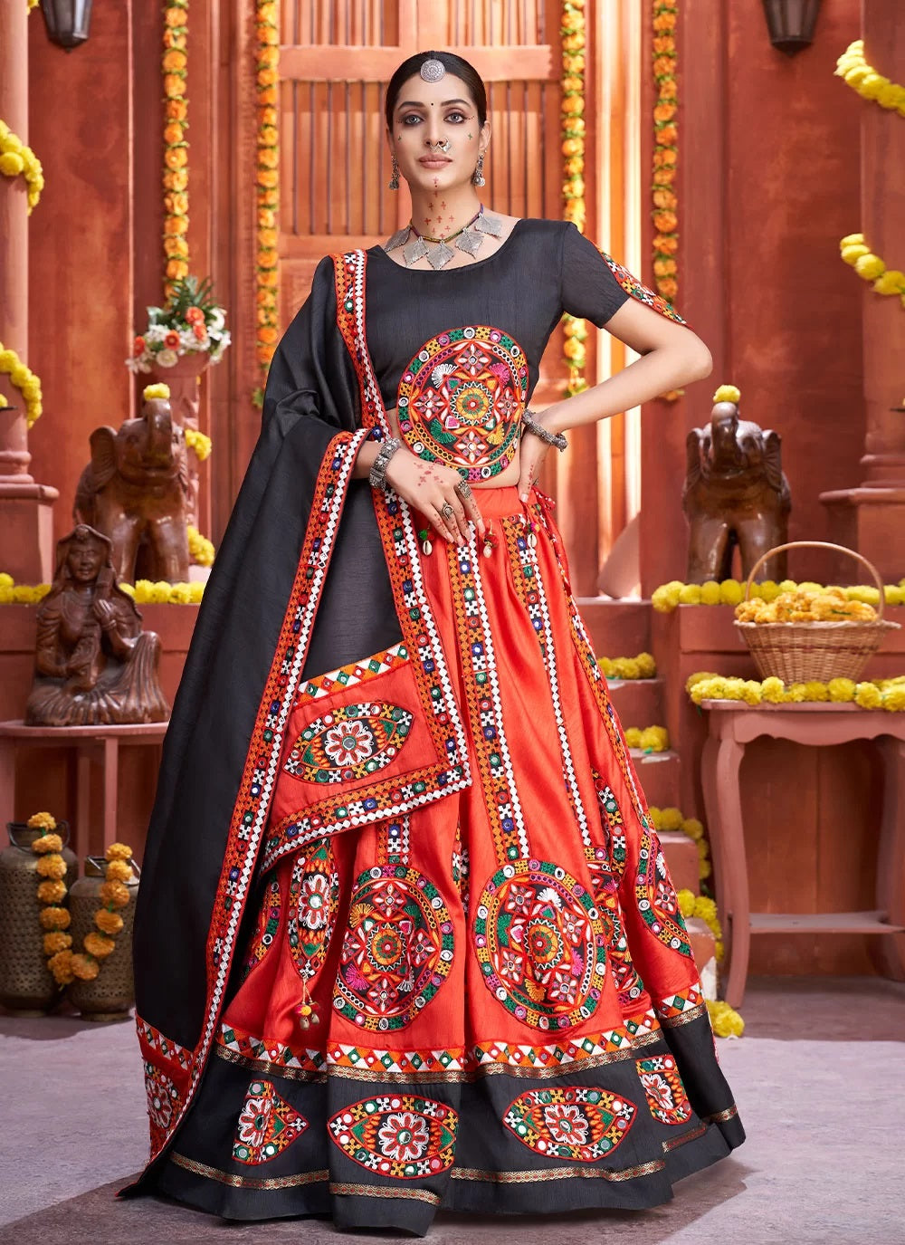 Art Silk Gamthi Work Red Chaniya Choli For Navratri
