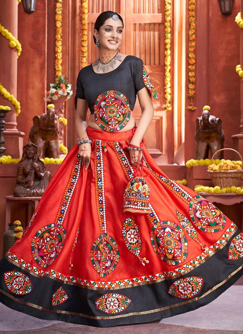 Art Silk Gamthi Work Red Chaniya Choli For Navratri