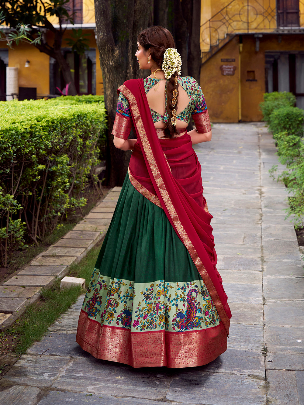 Green astha silk printed zari weaving work lehenga choli with georgette dupatta