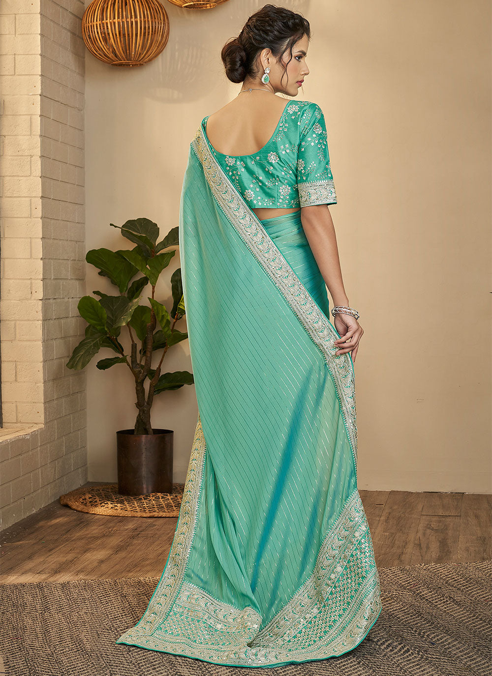 Festive Silk Zari Saree In Sea Green Color