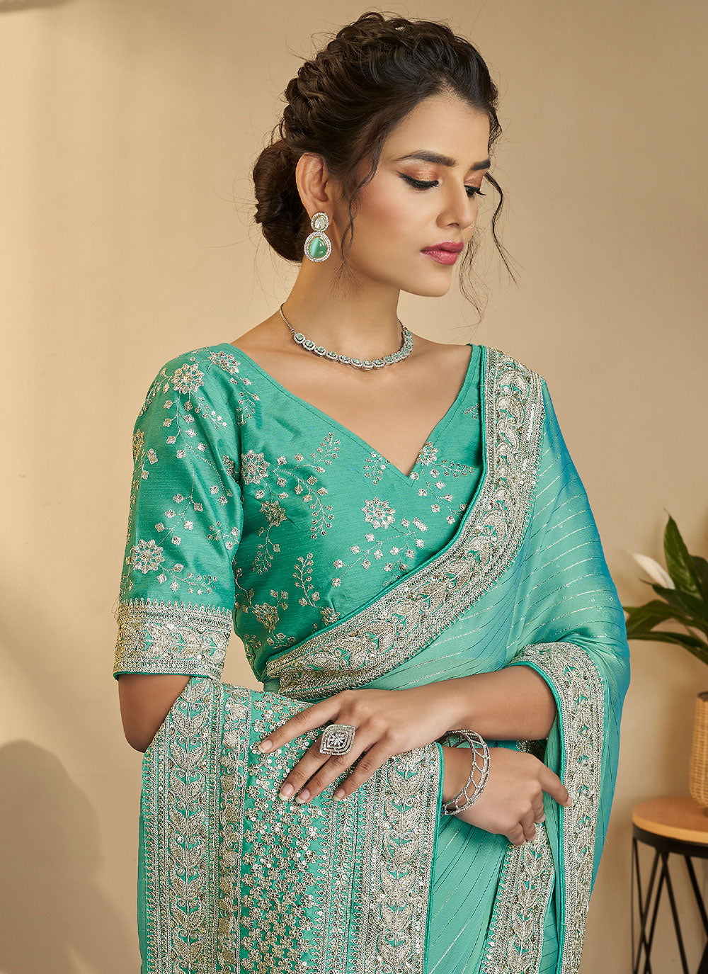 Festive Silk Zari Saree In Sea Green Color