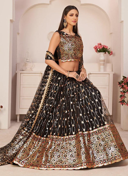 Attractive Look Black Color Soft Net Fabric Sequins Work Lehenga