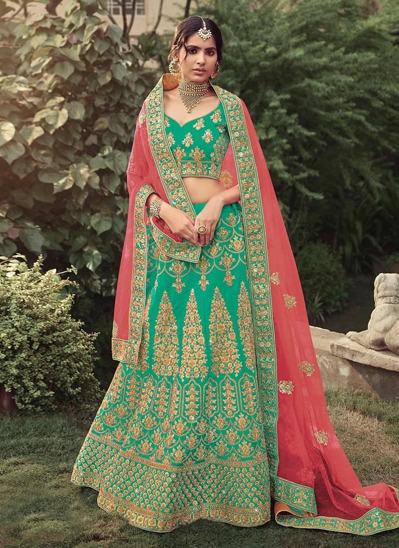 Attractive Look Satin Fabric Sea Green Color Heavy Work Lehenga