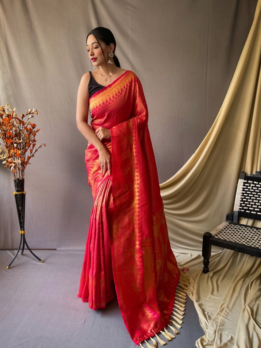 Pinkish Red Saree in Pure Kanjeevaram Silk Woven