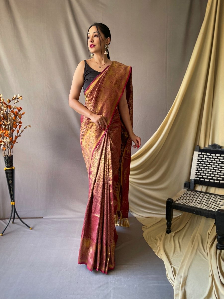 Wine Saree in Pure Kanjeevaram Silk Woven