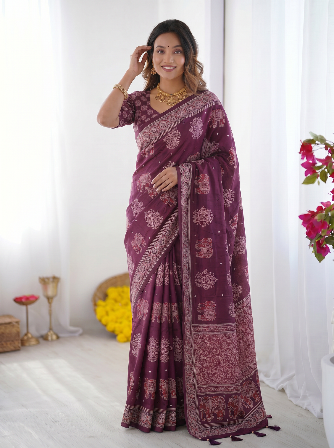 Plum purple modal silk saree with elephant motif print heritage designer pallu traditional festive wear saree