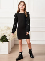 Girls Black Pearl Embellished Puff Sleeve Bodycon Dress