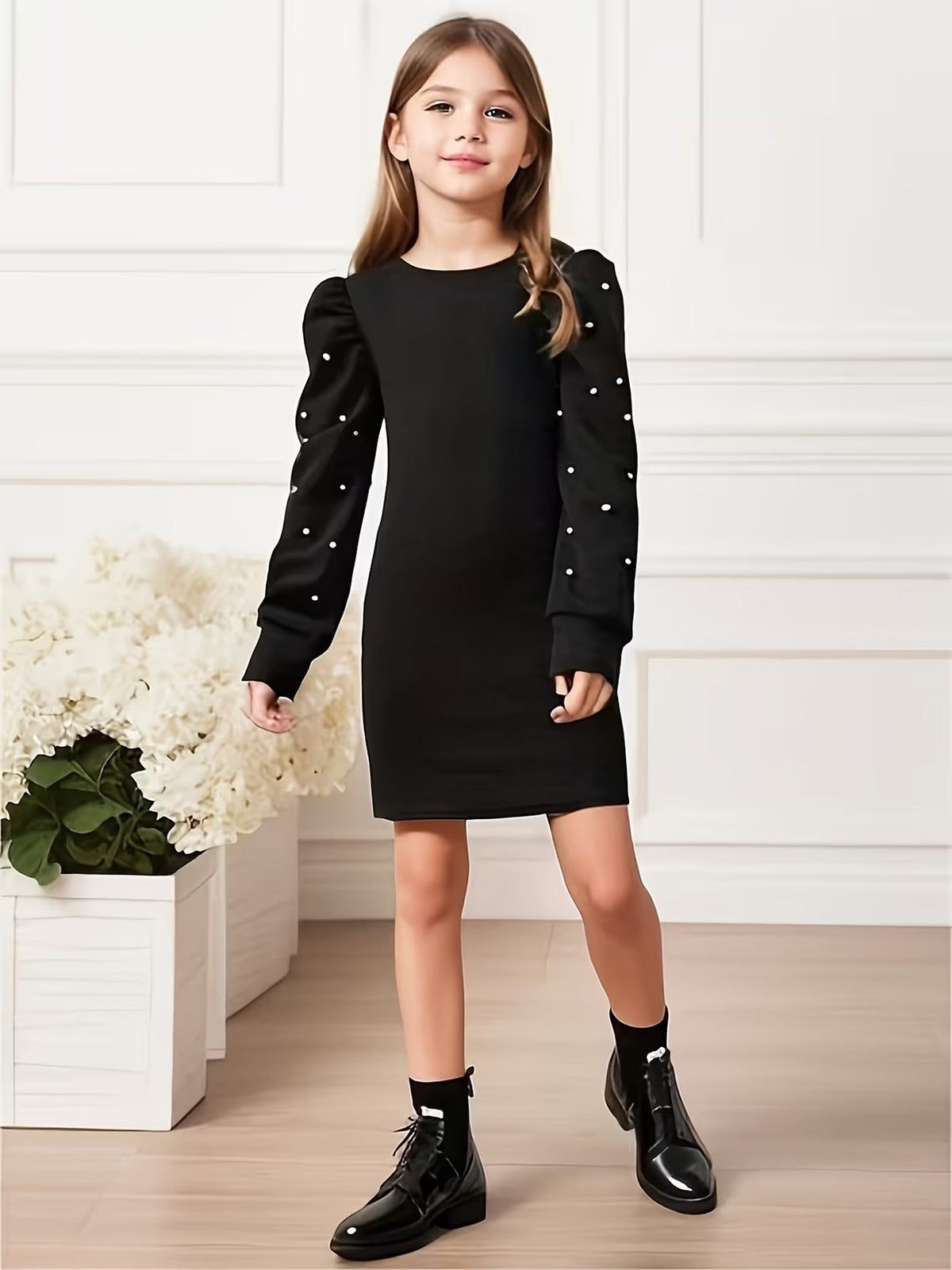 Girls Black Pearl Embellished Puff Sleeve Bodycon Dress