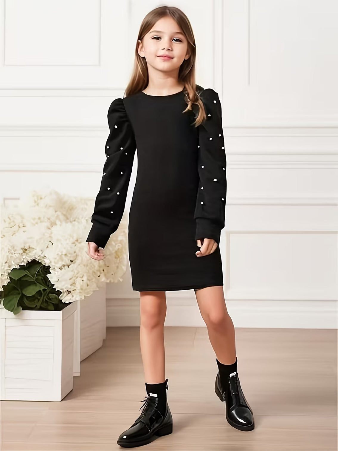 Girls Black Pearl Embellished Puff Sleeve Bodycon Dress