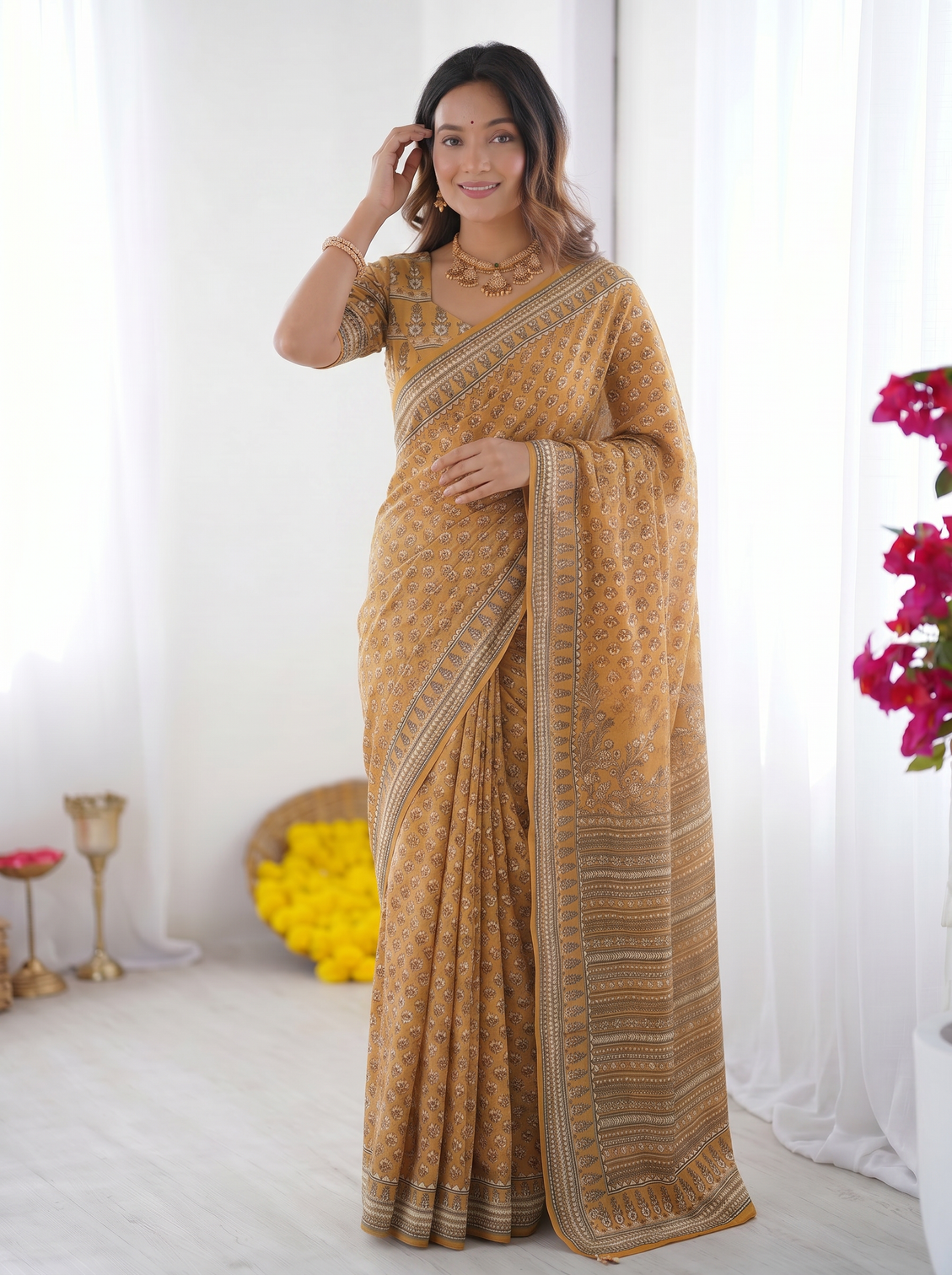 Mustard yellow modal silk saree with traditional floral butti prints heritage border elegant designer pallu mameraa
