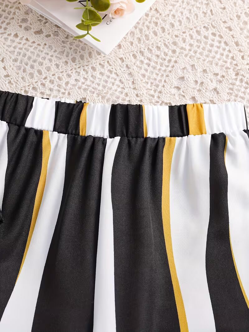 Girls Black Ribbed Sleeveless Crop Top & Striped Wide Leg Pants Set