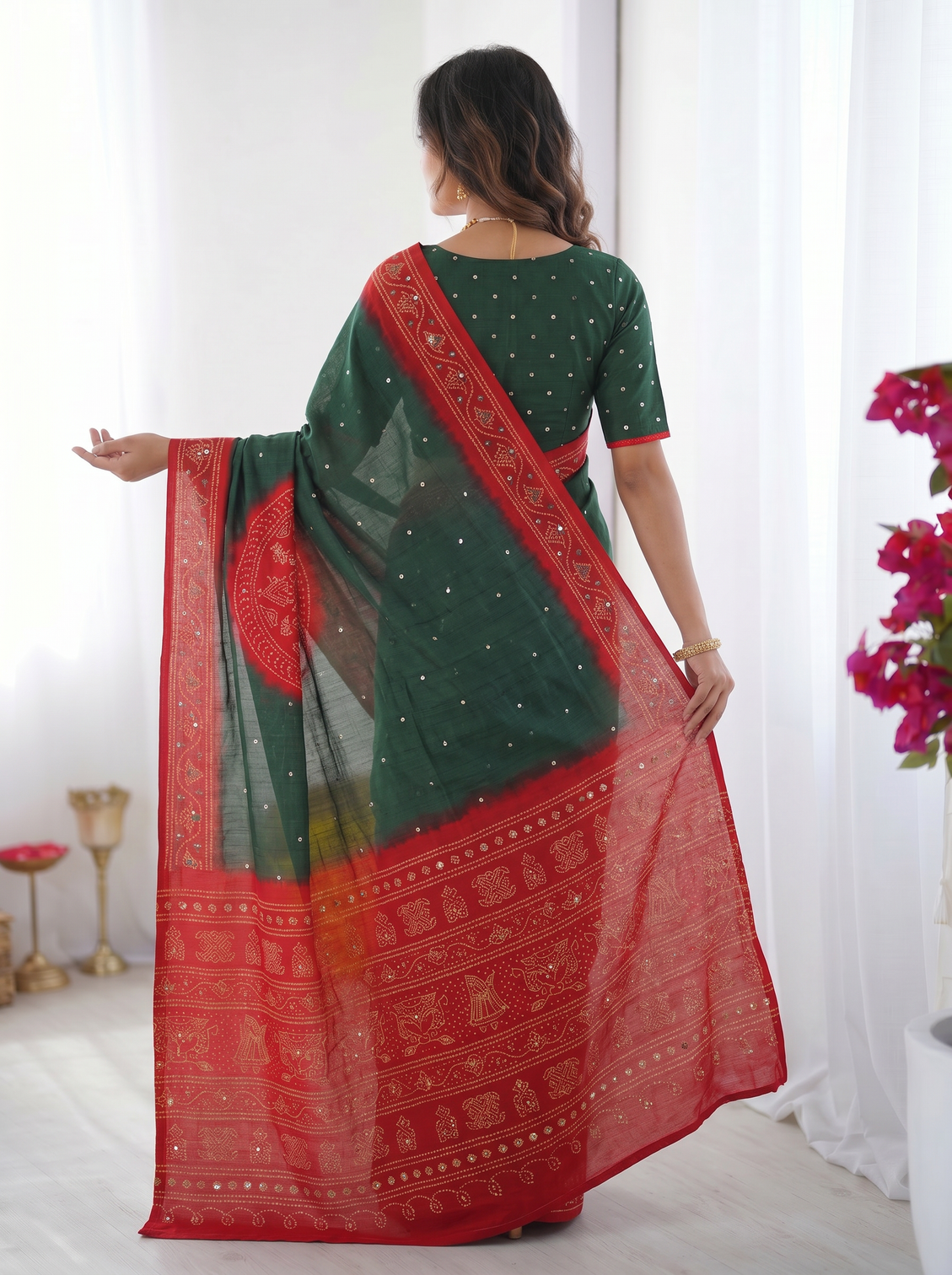 Bottle green ruby red bandhani inspired cotton silk saree with traditional folk print border designer pallu