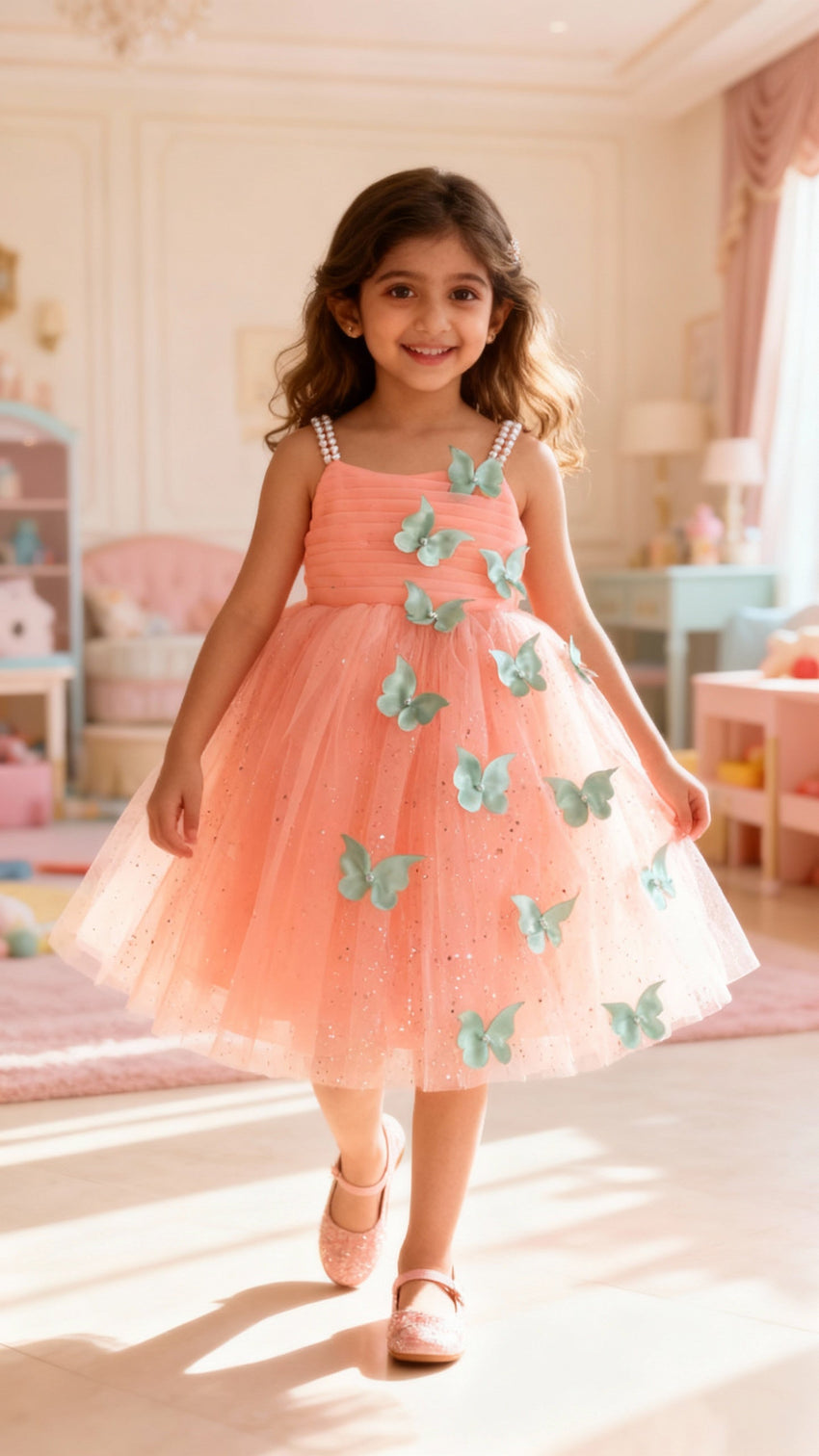 Peach Butterfly Applique Party Dress for Girls with Pearl Straps & Glitter Tulle