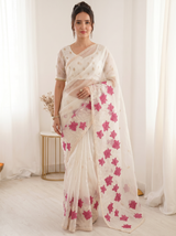 White Pure Oris Silk Saree with Embroidered Lotus Buttis & Applique Border