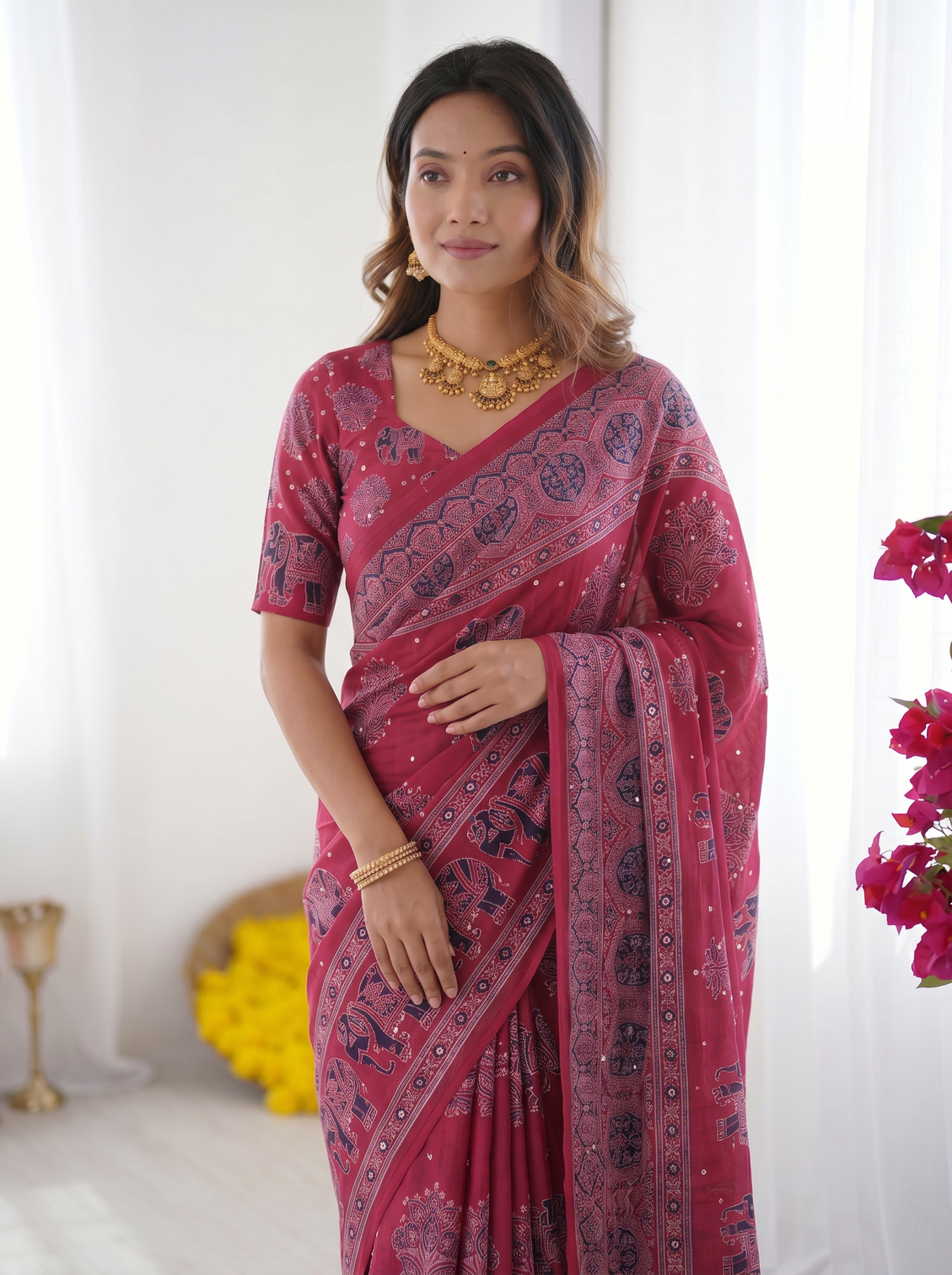 Rani pink modal silk saree with elephant motif ajrakh print designer pallu festive ethnic wear saree