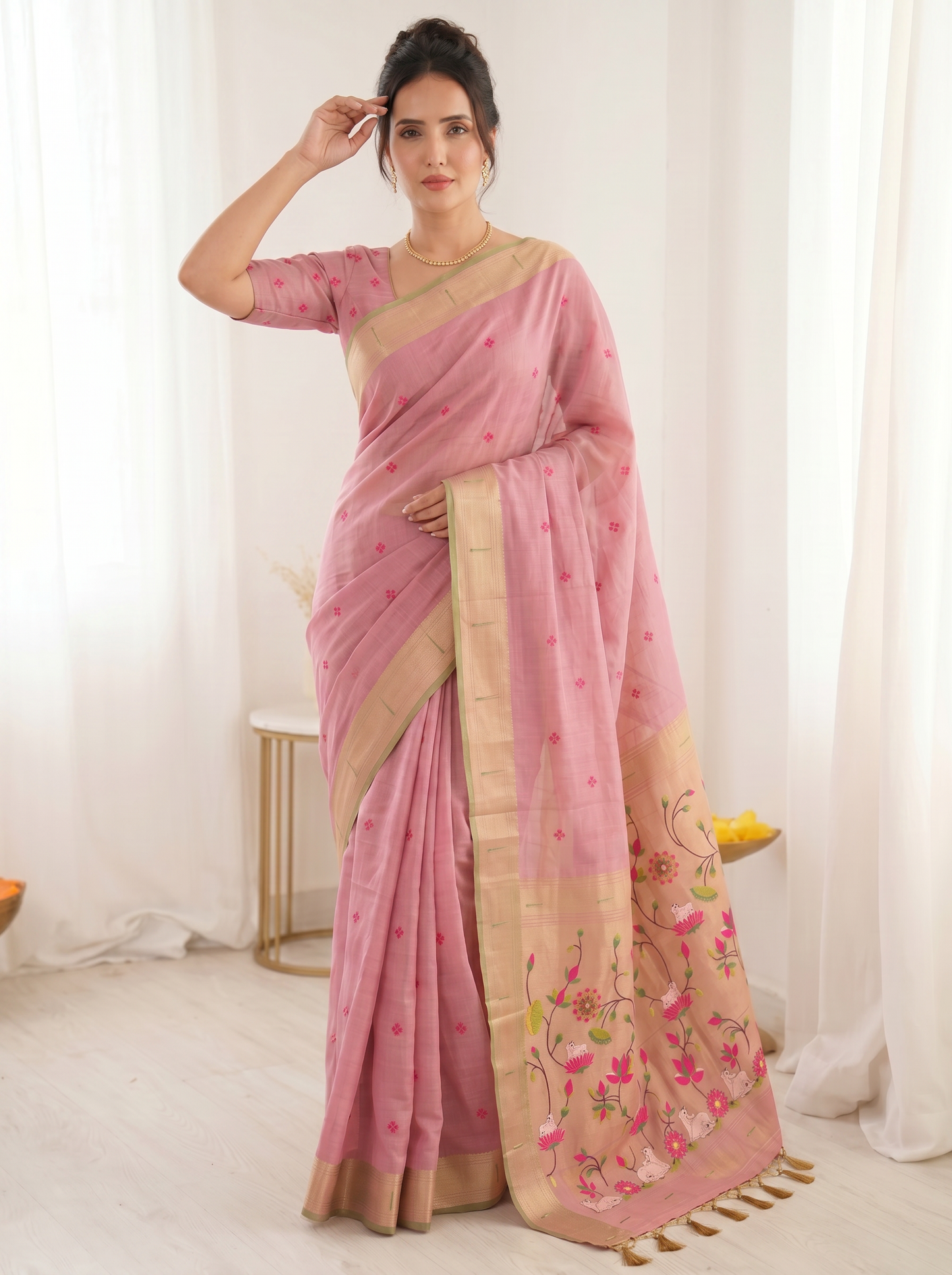 Pink Premium Soft Muga Cotton Saree with Paithani Swan Meenakari Pallu