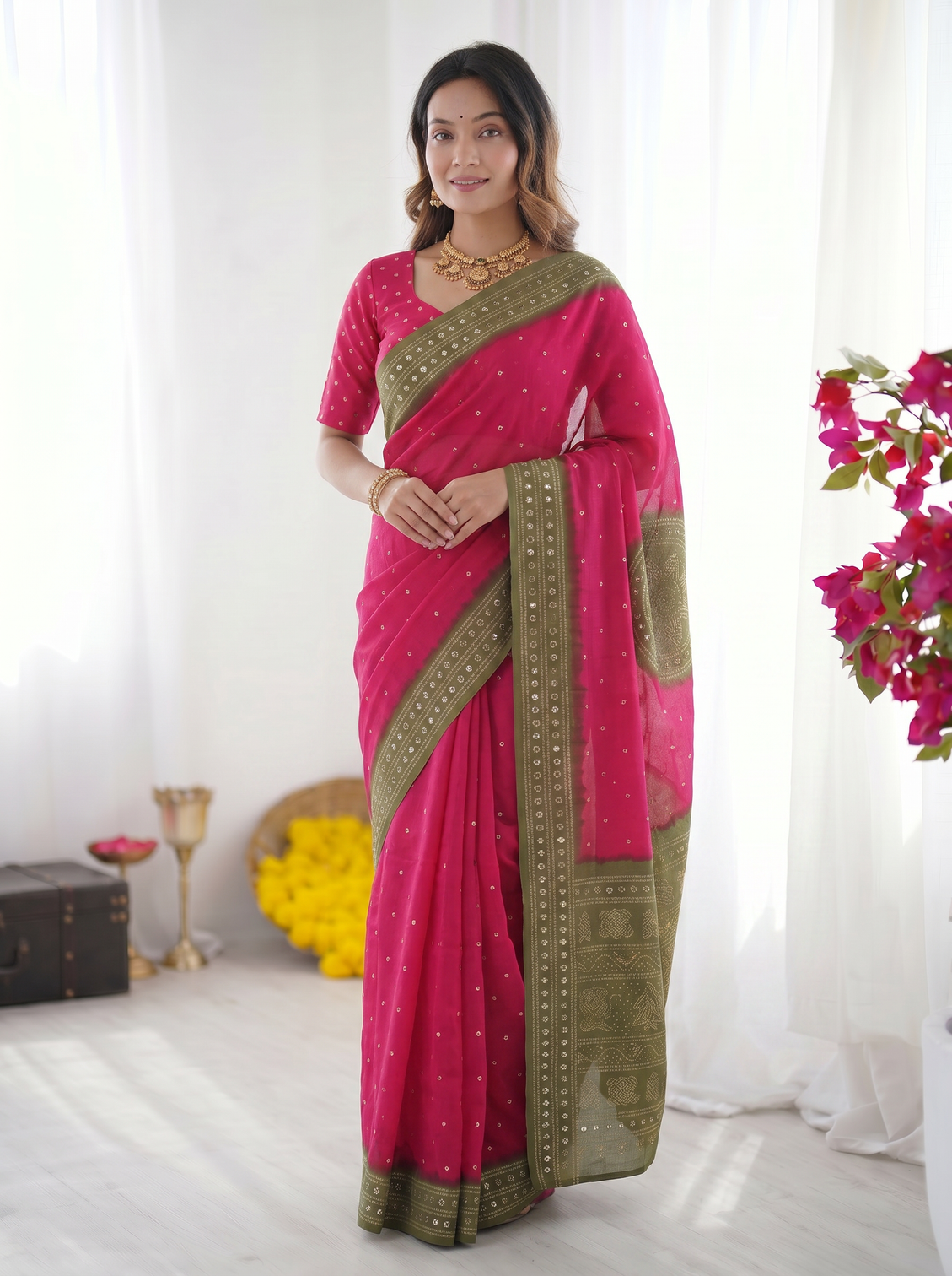 Rani pink olive green bandhani inspired modal silk saree with traditional folk print pallu stone embellishments