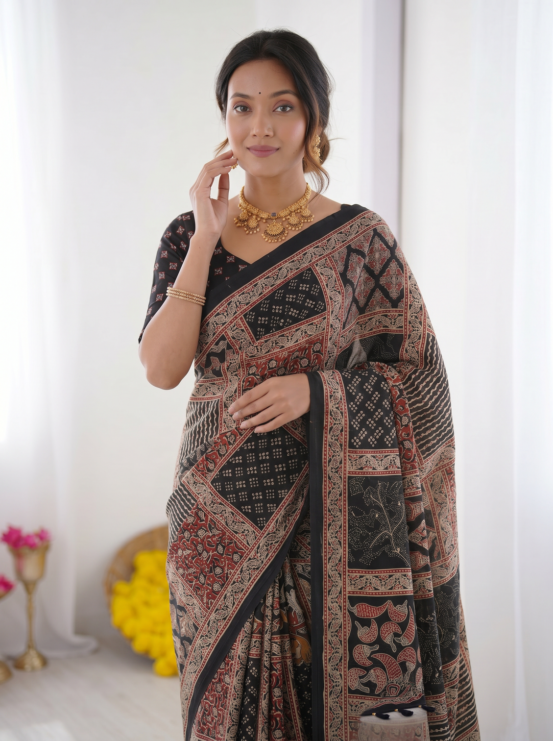 Black modal silk saree with tribal geometric print designer heritage pallu saree for festive wear