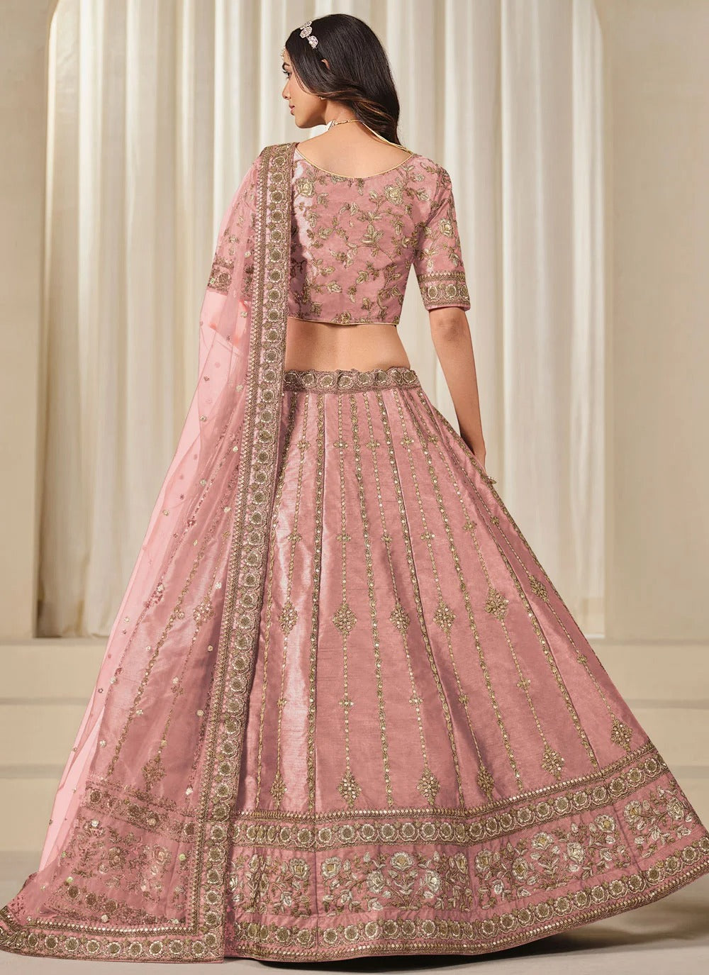 Enchanting baby pink bridesmaid lehenga in art silk with embroidered net dupatta