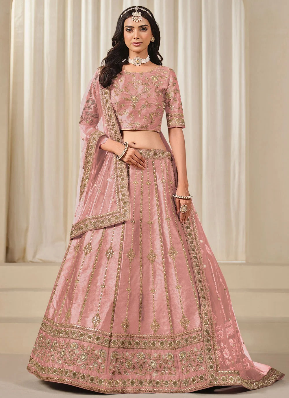 Enchanting baby pink bridesmaid lehenga in art silk with embroidered net dupatta
