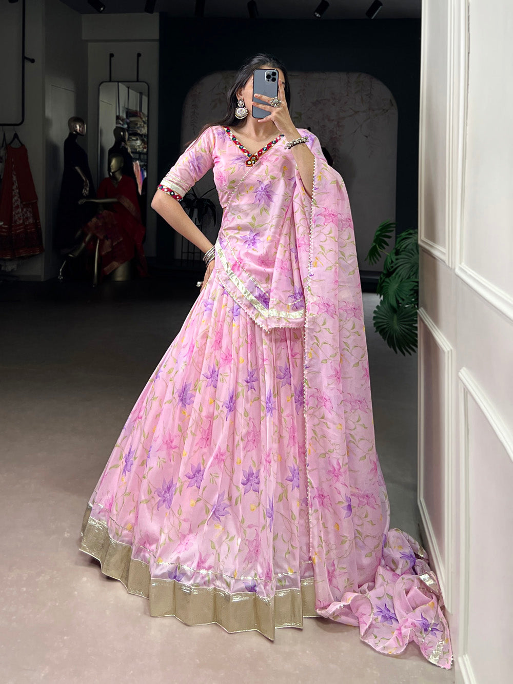 Baby pink tubby silk floral printed lehenga choli with mirror work embossed lace detailing